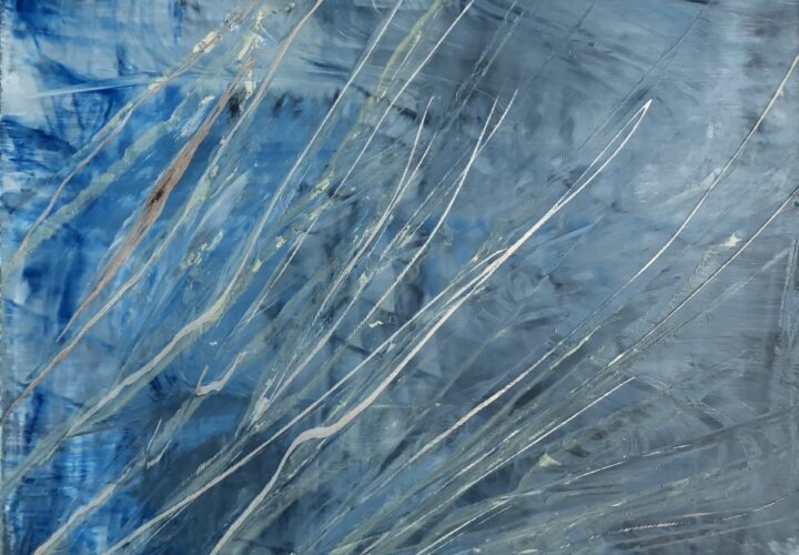 An original abstract oil painting on metal panel by artist Cynthia McLoughlin. Icy blues and grays are slashed with silver skate marks across the surface of this abstract painting.