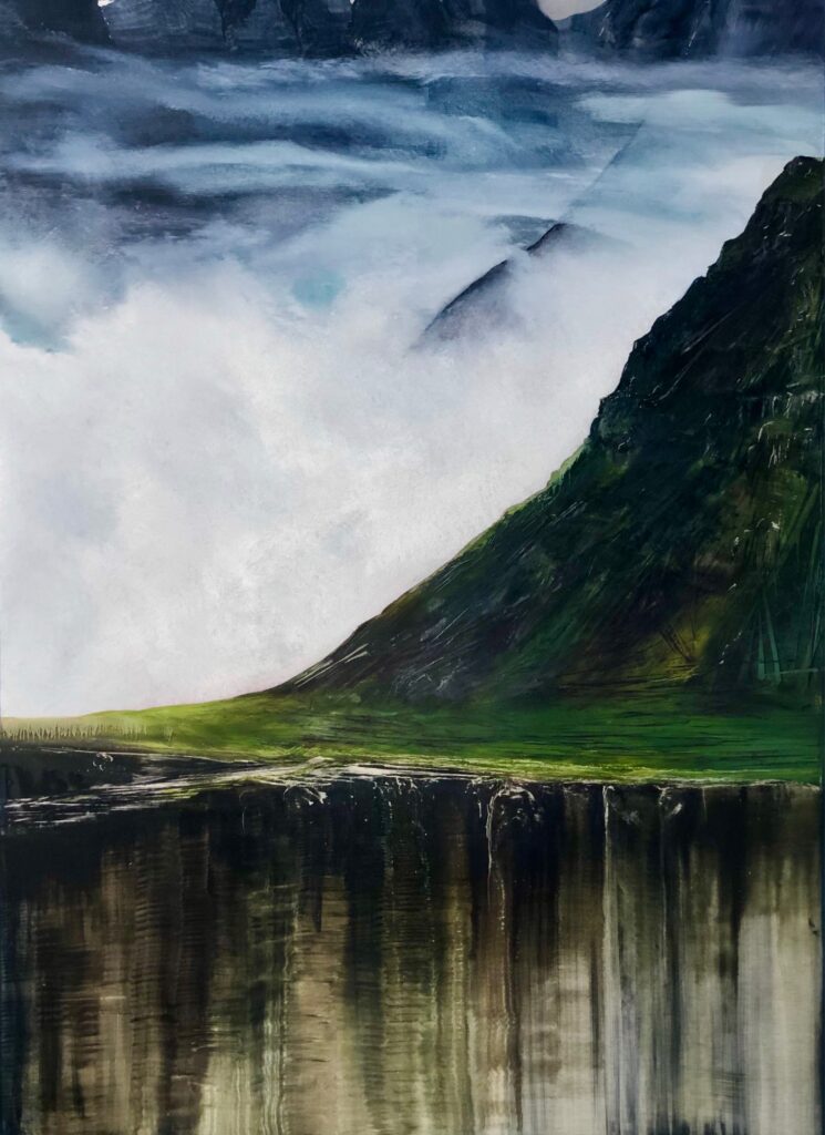 Dreamscape #2, Contemporary oil painting on metal of Iceland mountains and the yin and yang, Fine Art by Cynthia McLoughlin