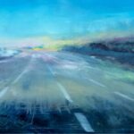 Early Morning Road to JFK, Contemporary oil painting on steel inspired by a trip to the airport on a cold morning, Fine Art by Cynthia McLoughlin