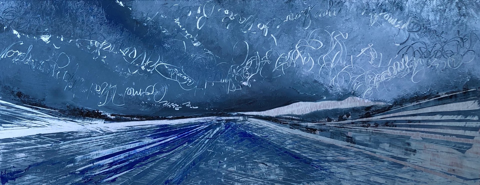 Words of positivity are inverted into the clouds of the deep blue sky while the road rockets you to the horizon in this contemporary storm painting.