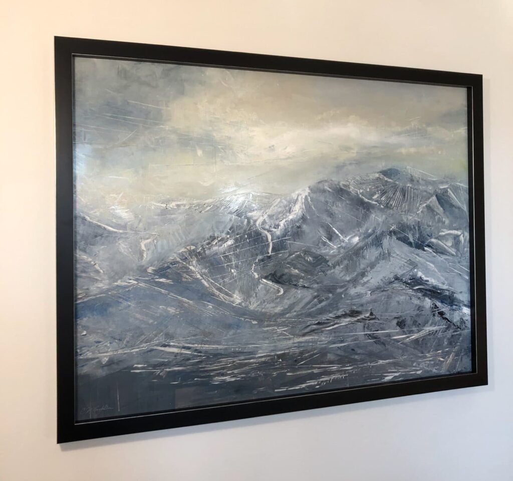 Elevated Dream, Contemporary oil painting on metal of mystical, magical mountains, Fine Art by Cynthia McLoughlin