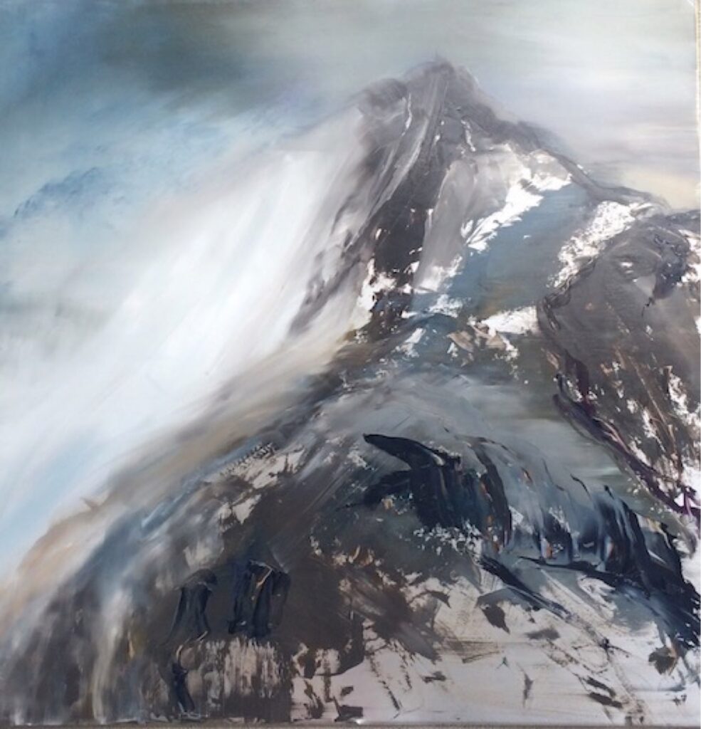 First Snow, Contemporary oil painting on metal inspired by the mountains of the Wasatch Back in Utah, Fine Art by Cynthia McLoughlin