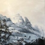 Misty Ridgeline, Contemporary oil painting on metal of mountains in mist and fog, Fine Art by Cynthia McLoughlin