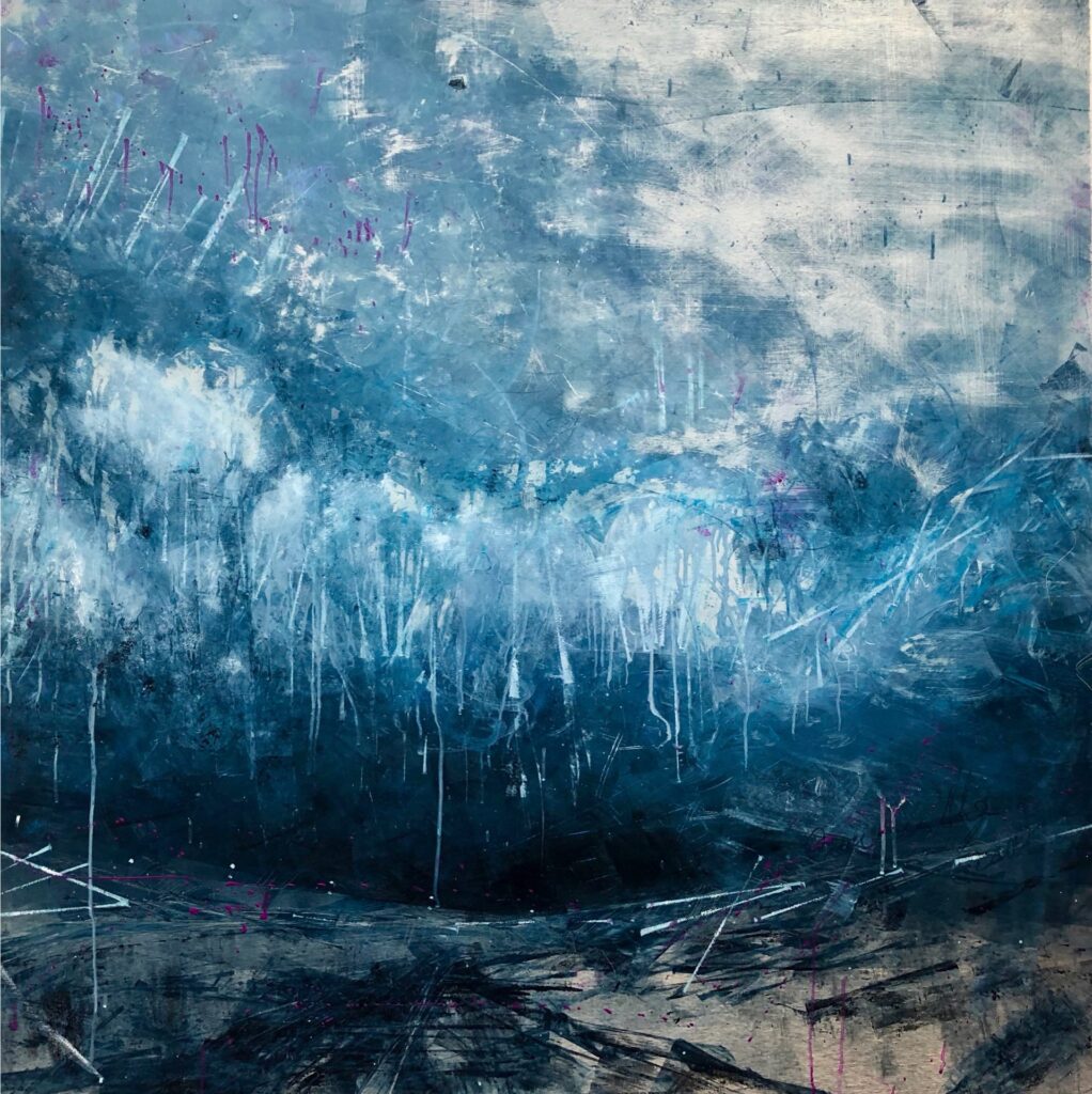 Moon Shadow, Contemporary oil painting on metal of an abstract storm over the landscape, Fine Art by Cynthia McLoughlin