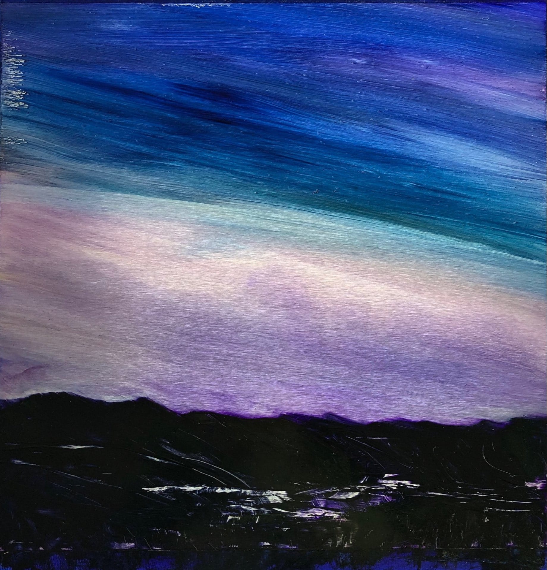 Moonlight Reflections, Contemporary oil painting on metal of a blue sky fading to violet above dark mountains, Fine Art by Cynthia McLoughlin