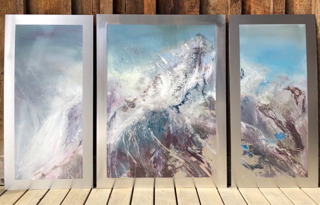 Mountain Triptych #1, Contemporary large commissioned oil painting on metal of a mountain, Fine Art by Cynthia McLoughlin