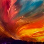 On the Way Home, Contemporary oil painting on metal of sunset with vibrant red and orange sky and deep purple shadow, Fine Art by Cynthia McLoughlin
