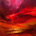Red Sky at Night #2, Contemporary oil painting on metal of an abstract red, orange and purple sunset sky, Fine Art by Cynthia McLoughlin