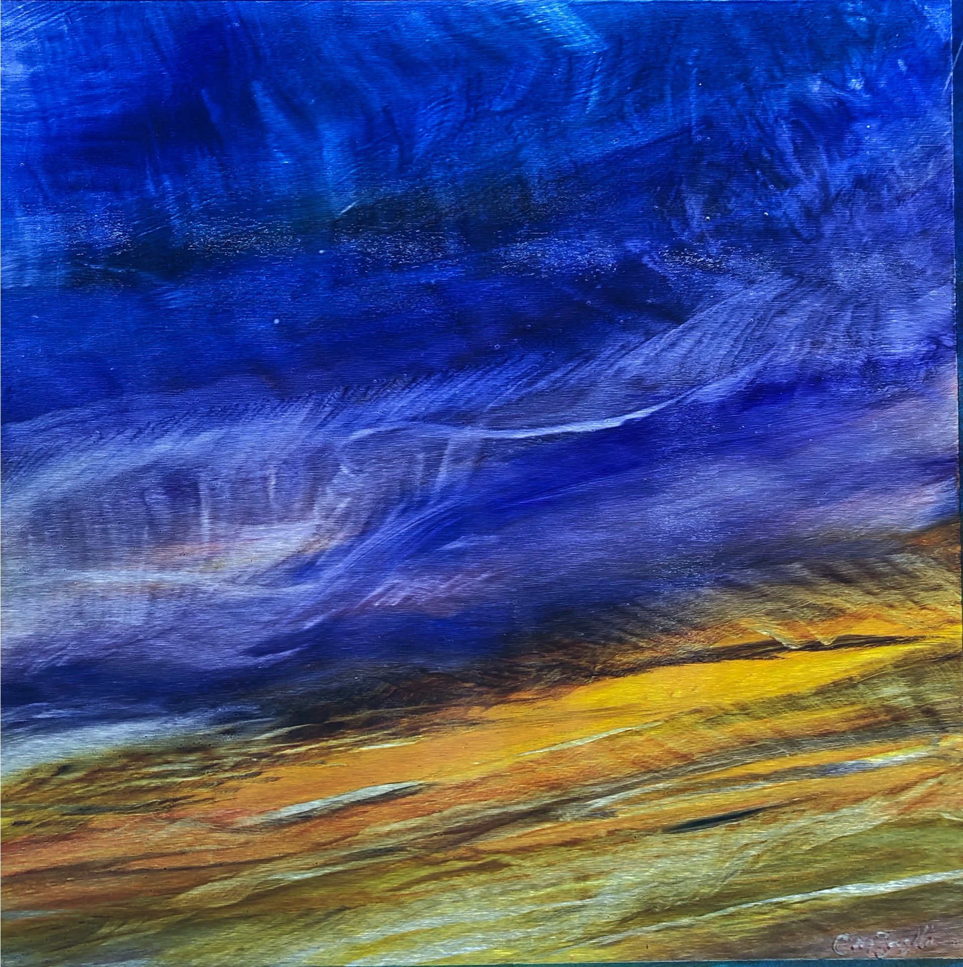 Ribbons of Blue, Contemporary oil painting on metal of dramatic deep blue sky closing in on the last golden light, Fine Art by Cynthia McLoughlin