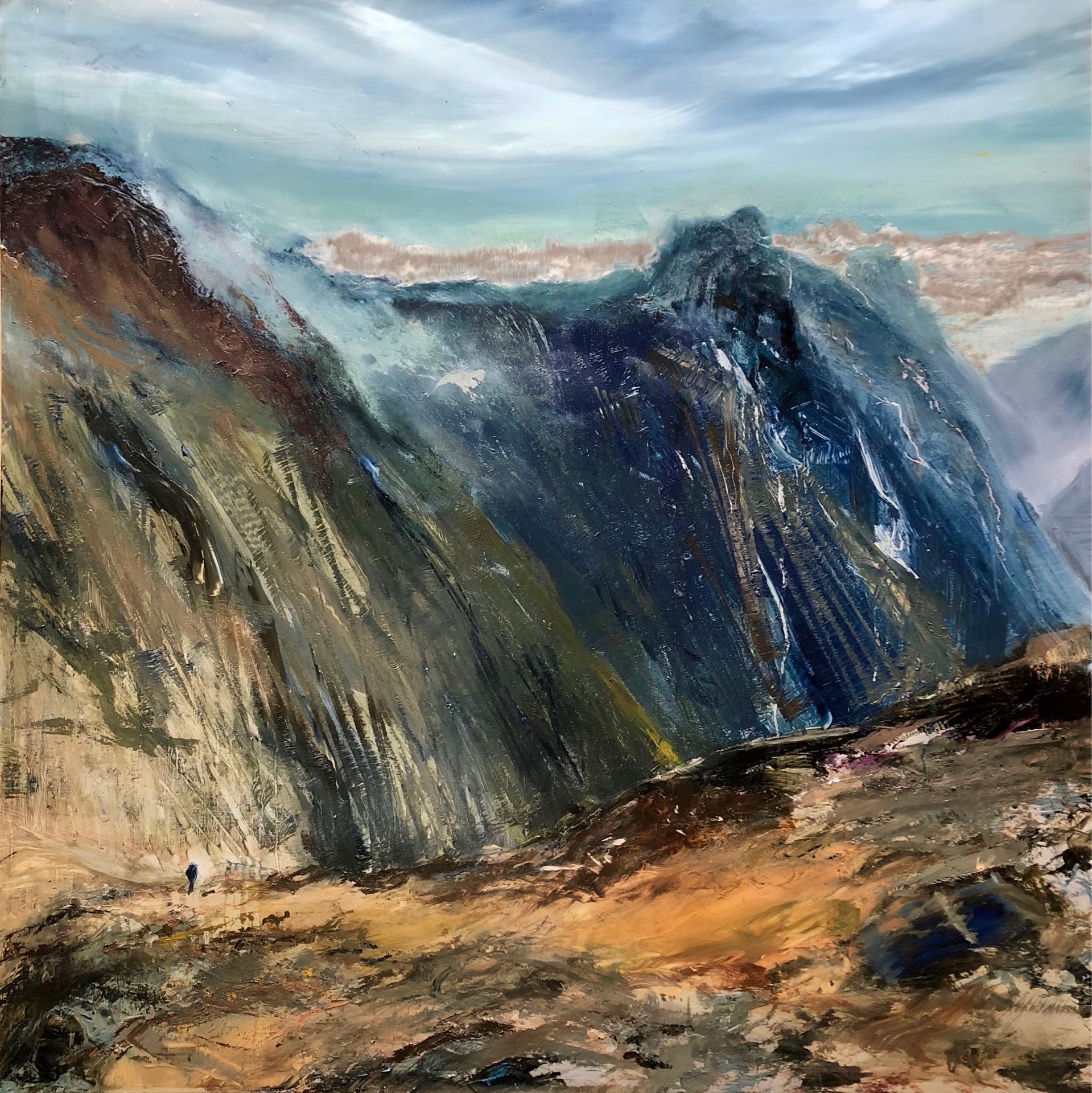 Silver Falls, Contemporary oil painting on metal of Fiordland National Park in New Zealand, Fine Art by Cynthia McLoughlin