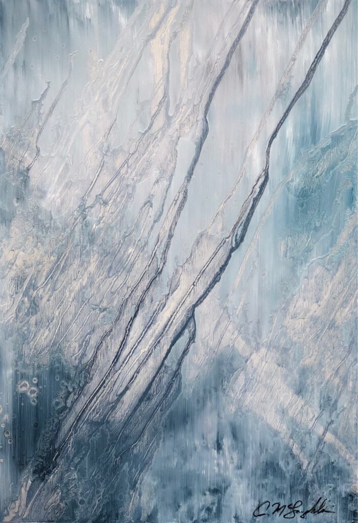 Sky Scrapers, Contemporary oil painting on metal, abstract art, monochromatic color wash in blues and grey, Fine Art by Cynthia McLoughlin