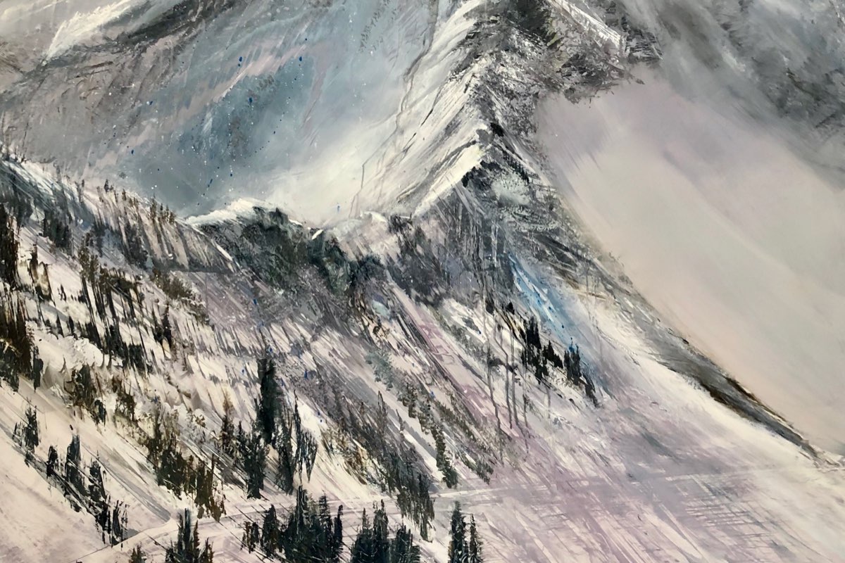 <em>Snowbird Melting</em><br>Contemporary mountainscape oil painting on aluminum, 51" x 51” Snowbird Melting, Contemporary oil painting on metal of the dramatic ridge-lines at Snowbird Ski Resort, Fine Art by Cynthia McLoughlin