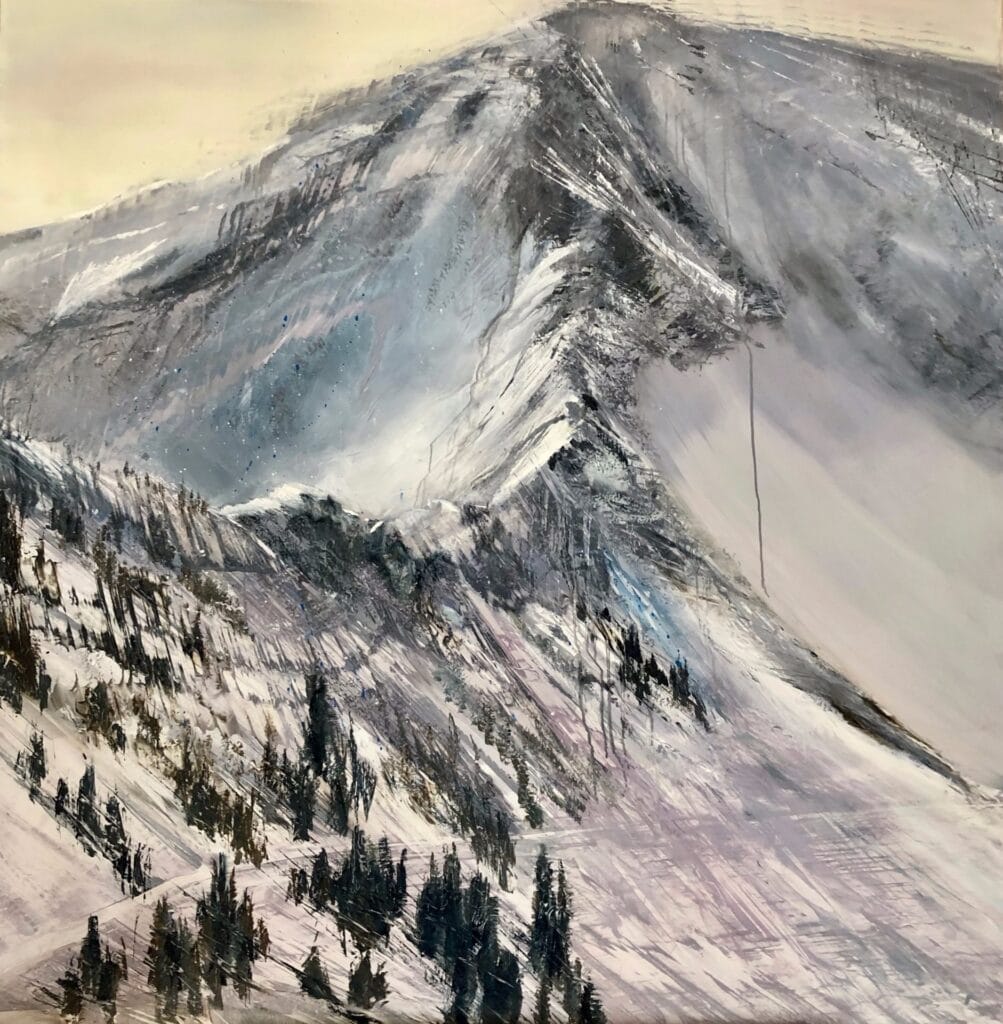 Snowbird Melting, Contemporary oil painting on metal of the dramatic ridge-lines at Snowbird Ski Resort, Fine Art by Cynthia McLoughlin