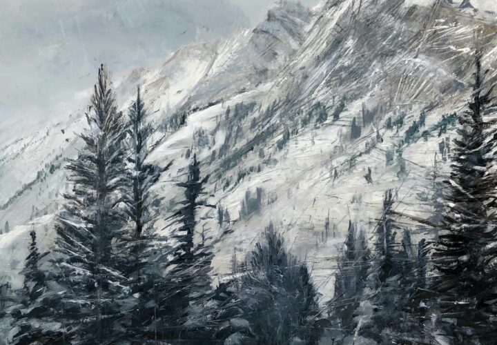 Stillness in Motion, Contemporary oil painting on metal of Utah’s Mount Superior and silent evergreen trees, Fine Art by Cynthia McLoughlin