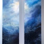 Weeping Sky Triptych, Contemporary oil painting on metal of a moody storm in Connecticut, Fine Art by Cynthia McLoughlin
