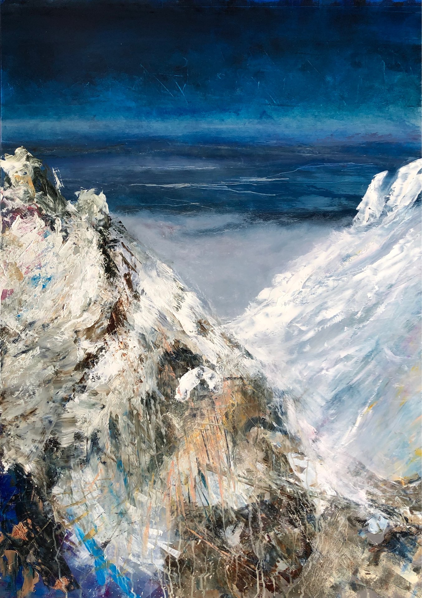 Grandeur, View from 14,180’, Contemporary oil painting on metal of a mountain peak with clouds below, Fine Art by Cynthia McLoughlin