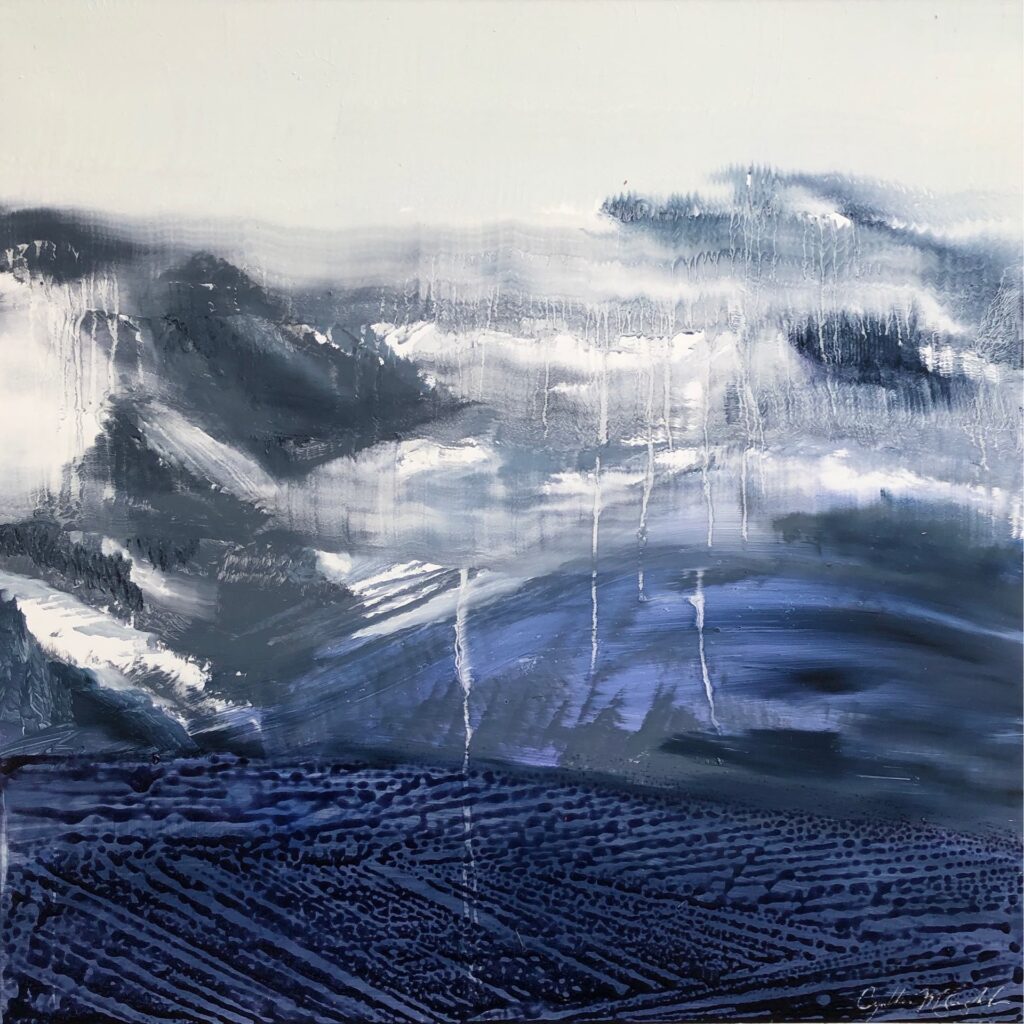 Wasatch Fog, Contemporary oil painting on metal of the Wasatch Back mountain range in spring fog, Fine Art by Cynthia McLoughlin