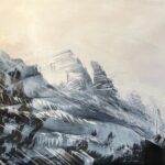 Misty Ridgeline, Contemporary oil painting on metal of mountains in mist and fog, Fine Art by Cynthia McLoughlin