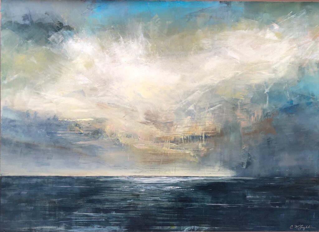 September, Contemporary oil painting on metal of white clouds among dark stormy clouds over lake, Fine Art by Cynthia McLoughlin