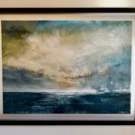 September, Contemporary oil painting on metal of white clouds among dark stormy clouds over lake, Fine Art by Cynthia McLoughlin