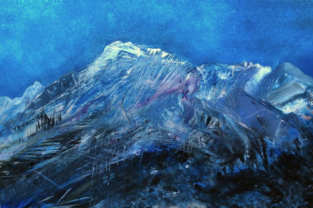 Contemporary oil painting on metal of mountains with a moonlit sky by Cynthia McLoughlin