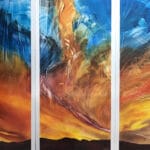 Contemporary abstract triptych oil painting of a mountain sunset by Cynthia McLoughlin