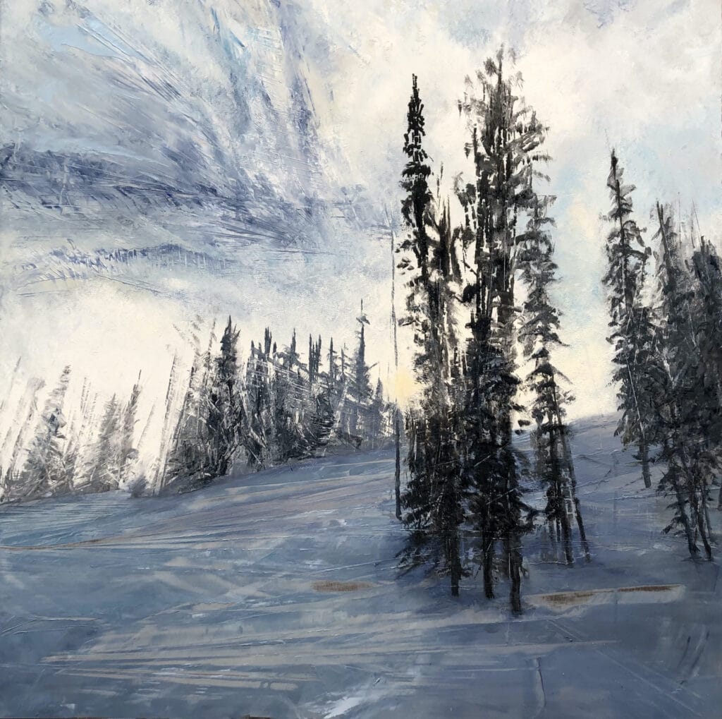 Contemporary oil painting on metal of the sun filtered through snowy trees by Cynthia McLoughlin. Depicts a look back up a snowy mountain trail at the sun through the snow and trees.
