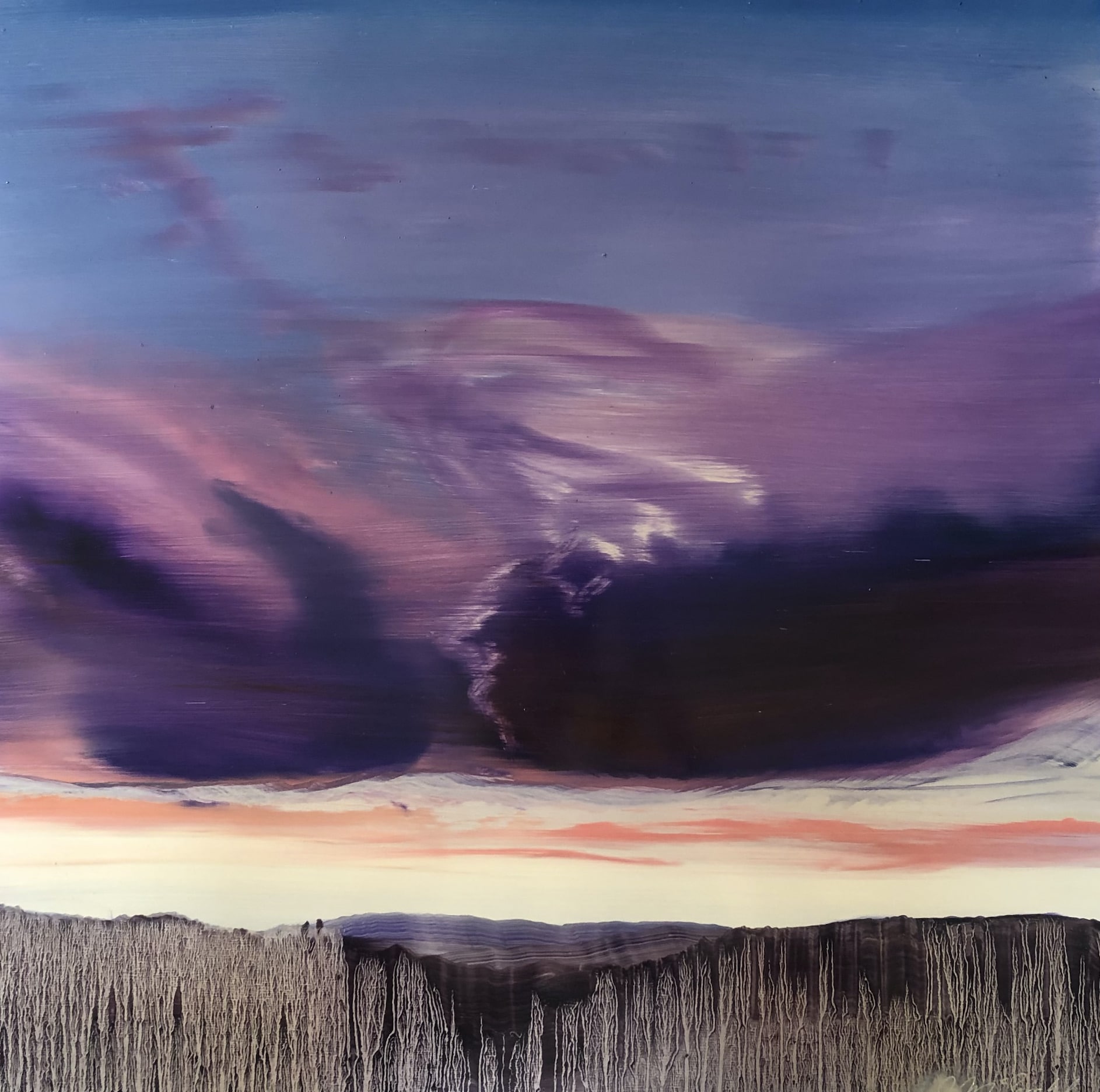 Purple Haze, Contemporary oil painting on metal of a stormy sunset over an abstract mountain range.