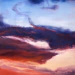 An original oil painting on metal panel by artist Cynthia McLoughlin of a flaming, dramatic sunset with purple/blue clouds..