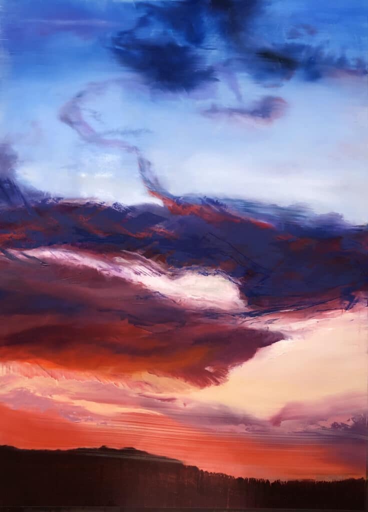 An original oil painting on metal panel by artist Cynthia McLoughlin of a flaming, dramatic sunset with purple/blue clouds..