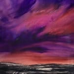 An original cloudscape oil painting on metal by artist Cynthia McLoughlin of an burnt orange horizon with wispy pink/purple clouds.