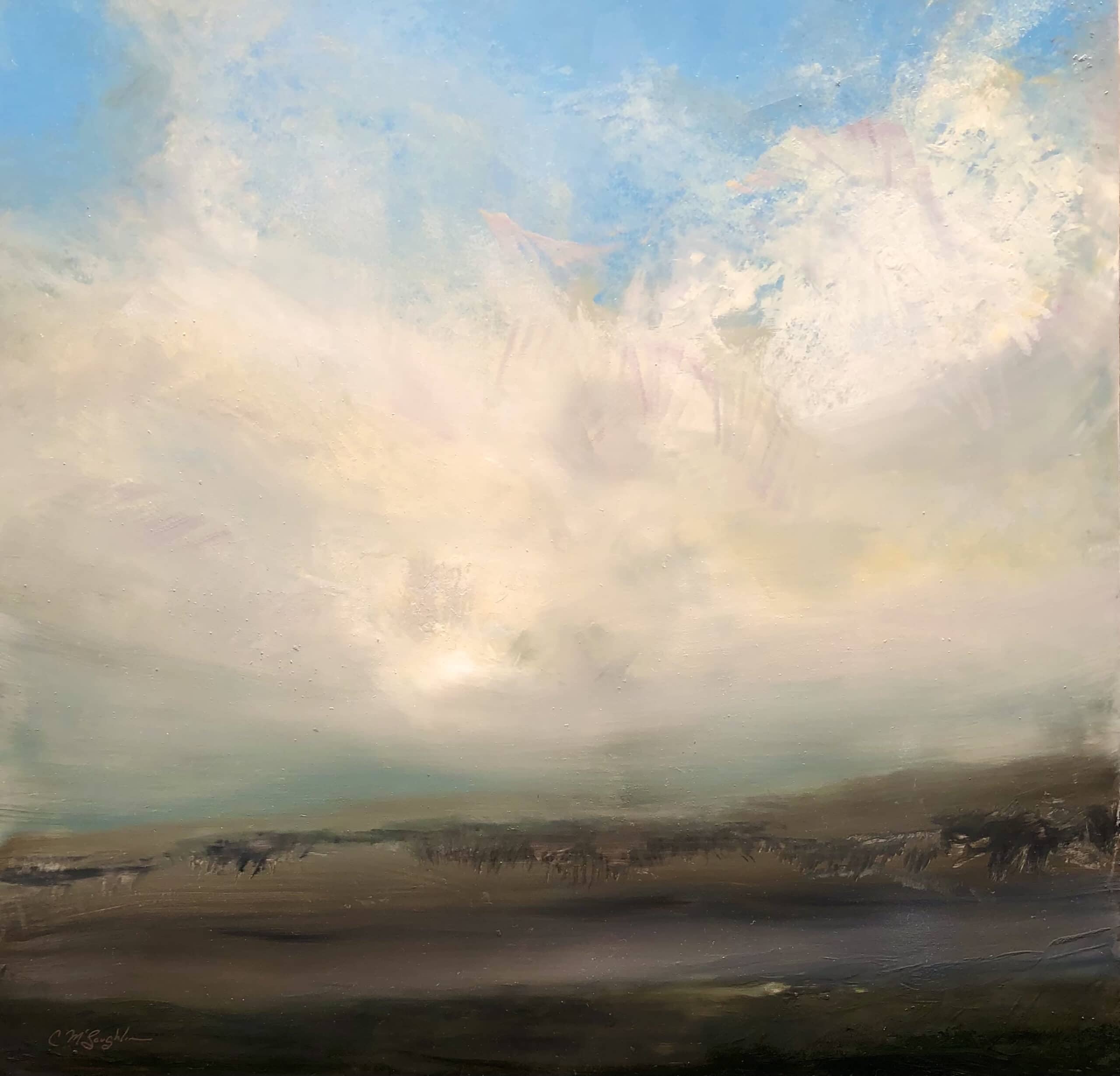 An original oil painting on metal panel by artist Cynthia McLoughlin of an exploding cloudscape over a ghostly buffalo herd in the wild.
