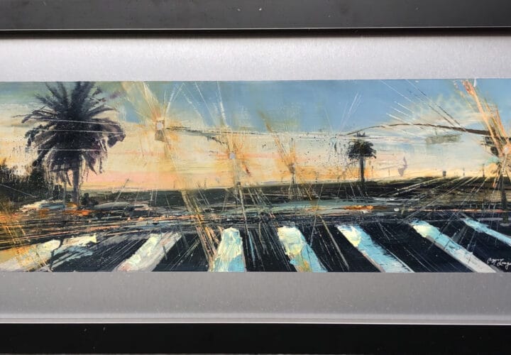 An original oil painting on metal panel by artist Cynthia McLoughlin."Shine On" translates the heat, energy and soul of a pre-pandemic City of Angels. The crosswalk seems to melt while the traffic rushes by. Charred palm trees solemnly stand, observing the hazy twilight. Silver reflections dance across the wires and lights of this urban evening. Hopefully the pandemic has given us time to think about our own, personal legacy.