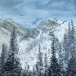 An original mountain painting by artist Cynthia McLoughlin of peaks in the Uinta Wasatch Cache in Utah.