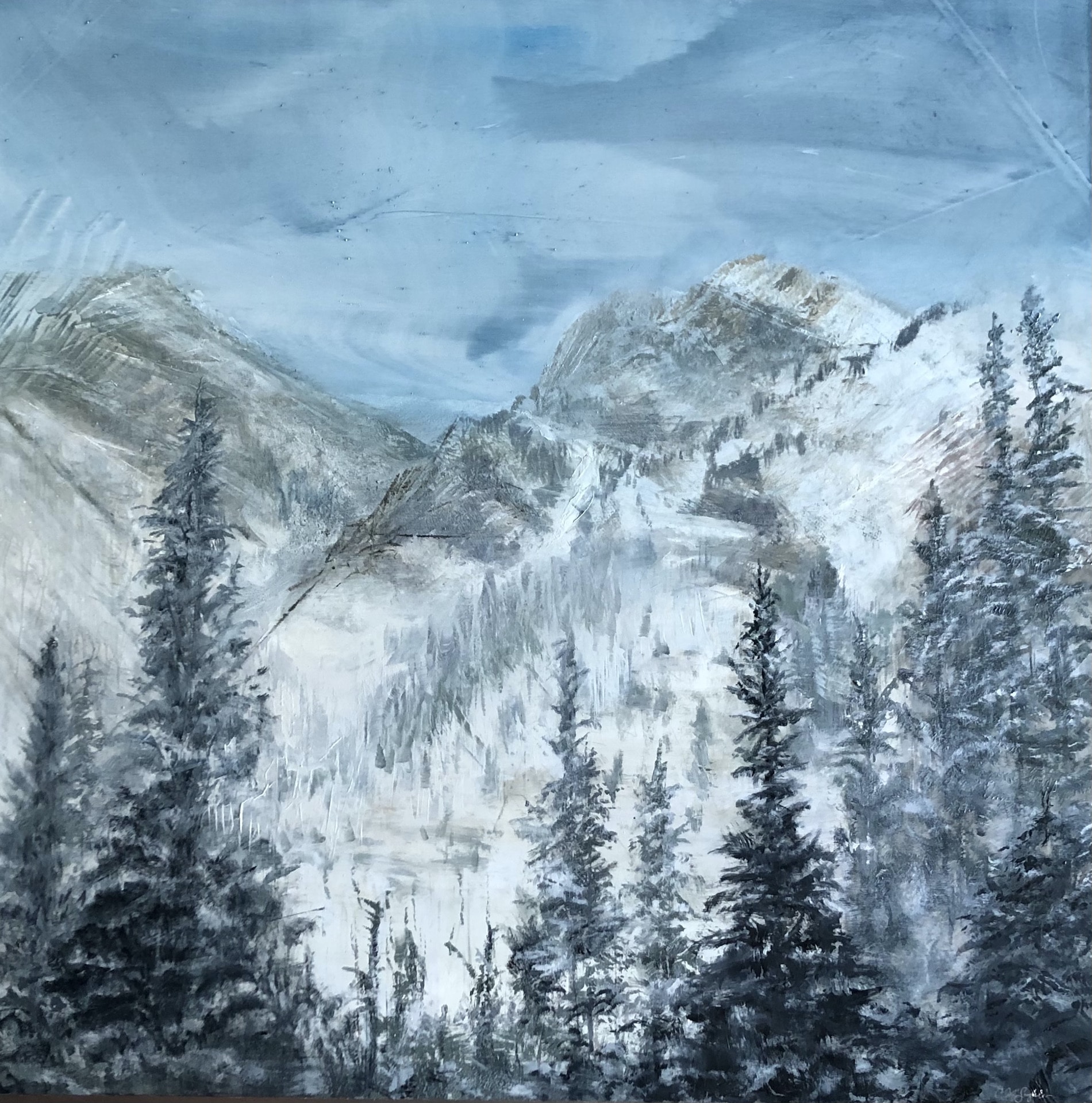 An original mountain painting by artist Cynthia McLoughlin of peaks in the Uinta Wasatch Cache in Utah.