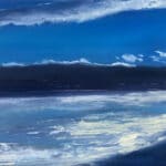 A contemporary oil painting on metal panel by artist Cynthia McLoughlin of the reflection of the sky on an icy field in Park City, Utah.