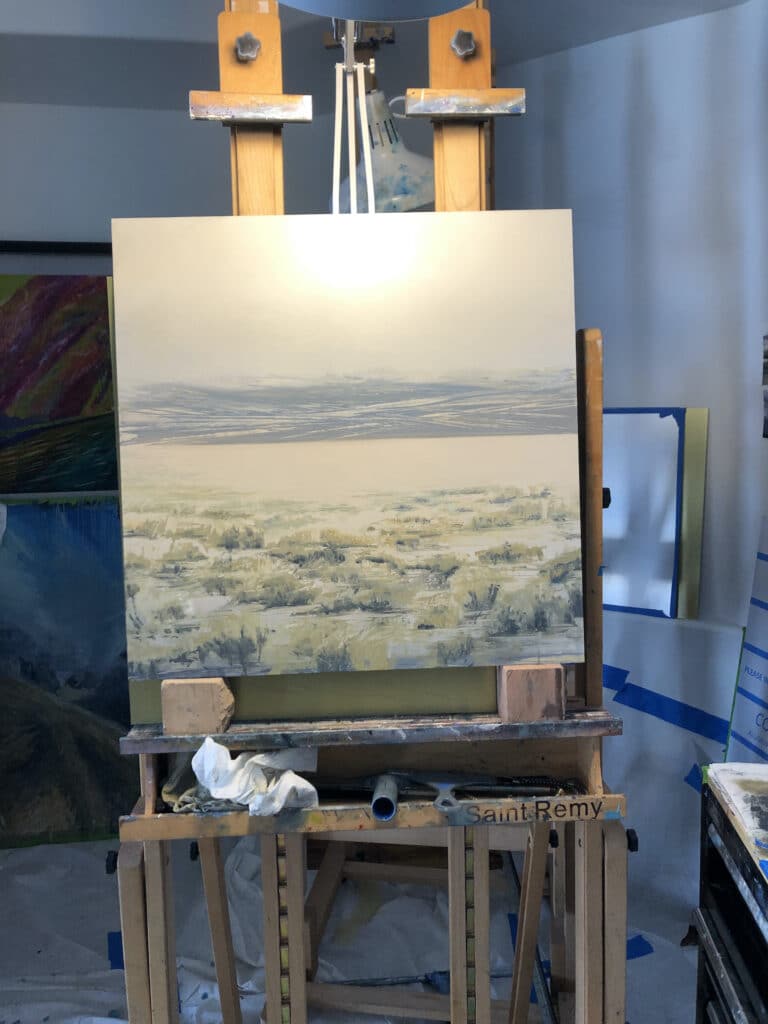 Original oil painting on metal panel of sagebrush after a snowfall in the high desert.