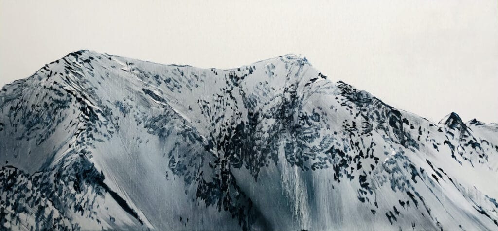 An original contemporary mountain landscape oil painting on metal panel by artist Cynthia McLoughlin.
