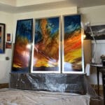 Contemporary abstract oil painting of a mountain sunset by Cynthia McLoughlin