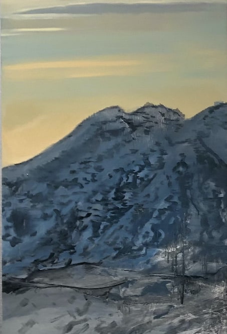 An original oil painting on metal panel by artist Cynthia McLoughlin of the ridge line at the Snowbird Resort in the Utah mountains.