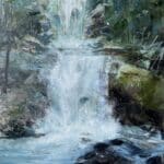 A contemporary waterfall oil painting on metal panel by artist Cynthia McLoughlin