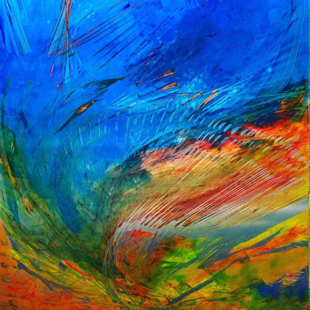 A contemporary abstract oil painting on metal panel by artist Cynthia McLoughlin