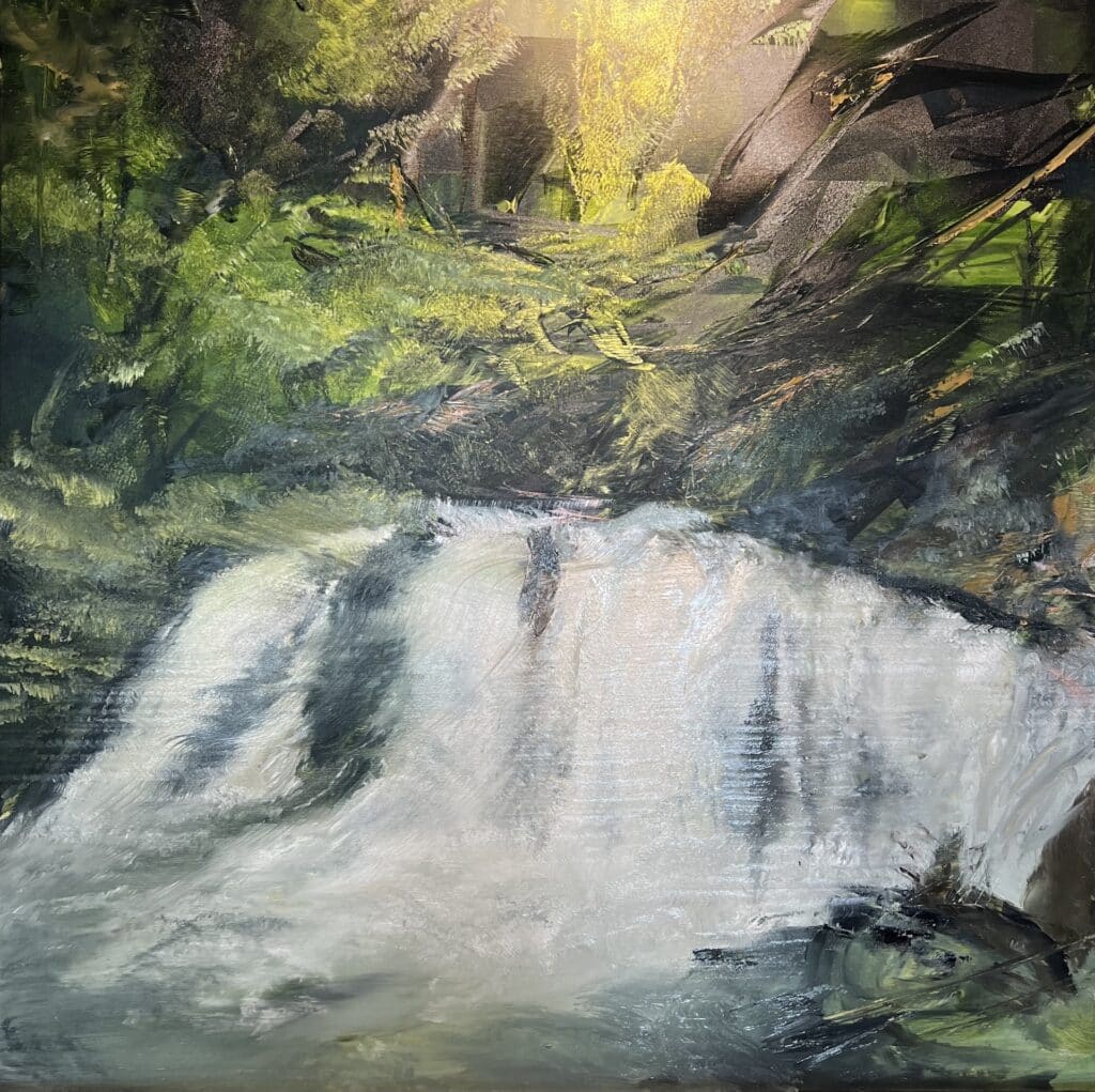 A contemporary waterfall oil painting on metal panel by artist Cynthia McLoughlin