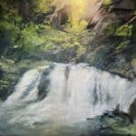 A contemporary waterfall oil painting on metal panel by art