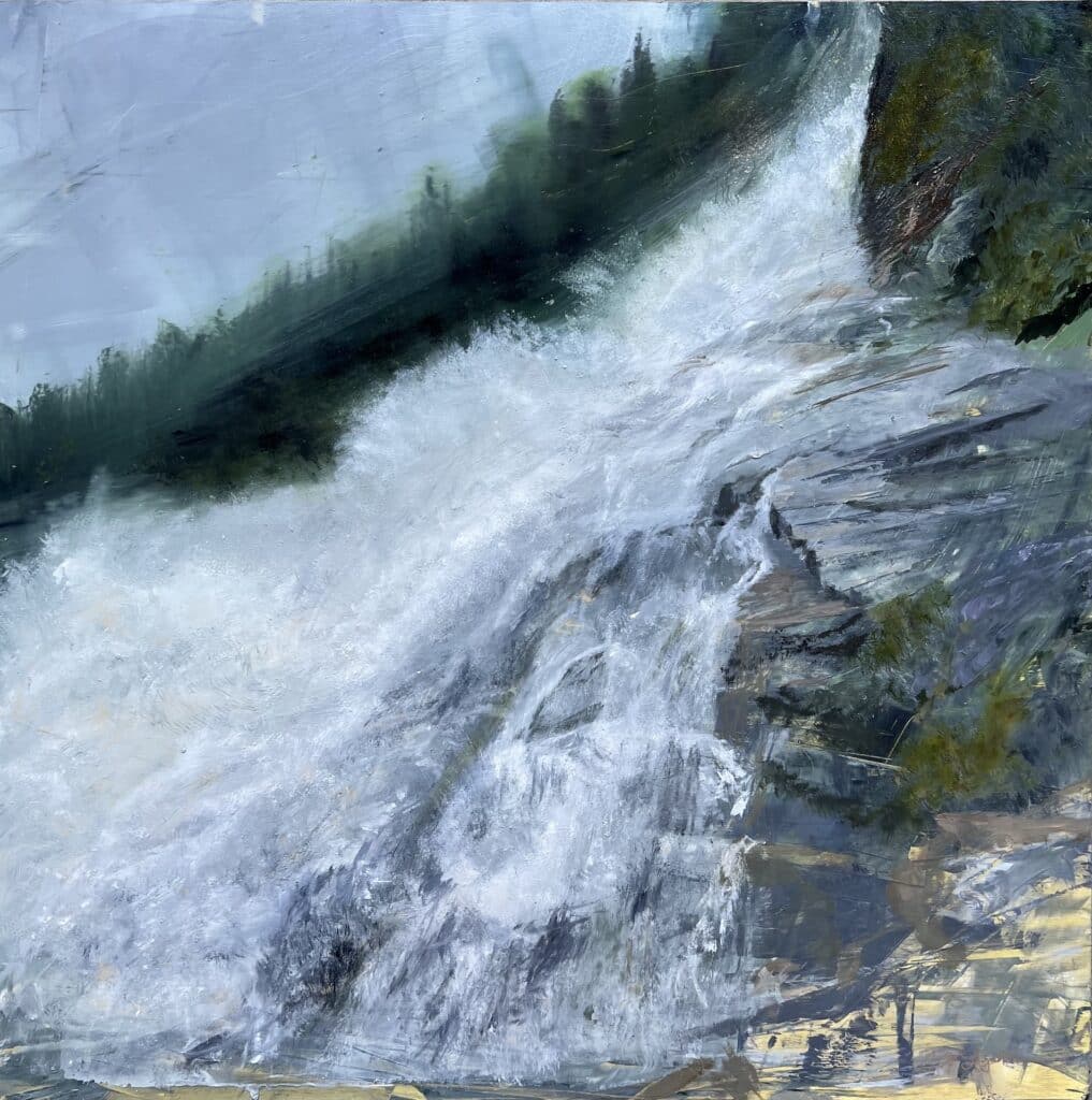 A contemporary waterfall oil painting on metal panel by artist Cynthia McLoughlin