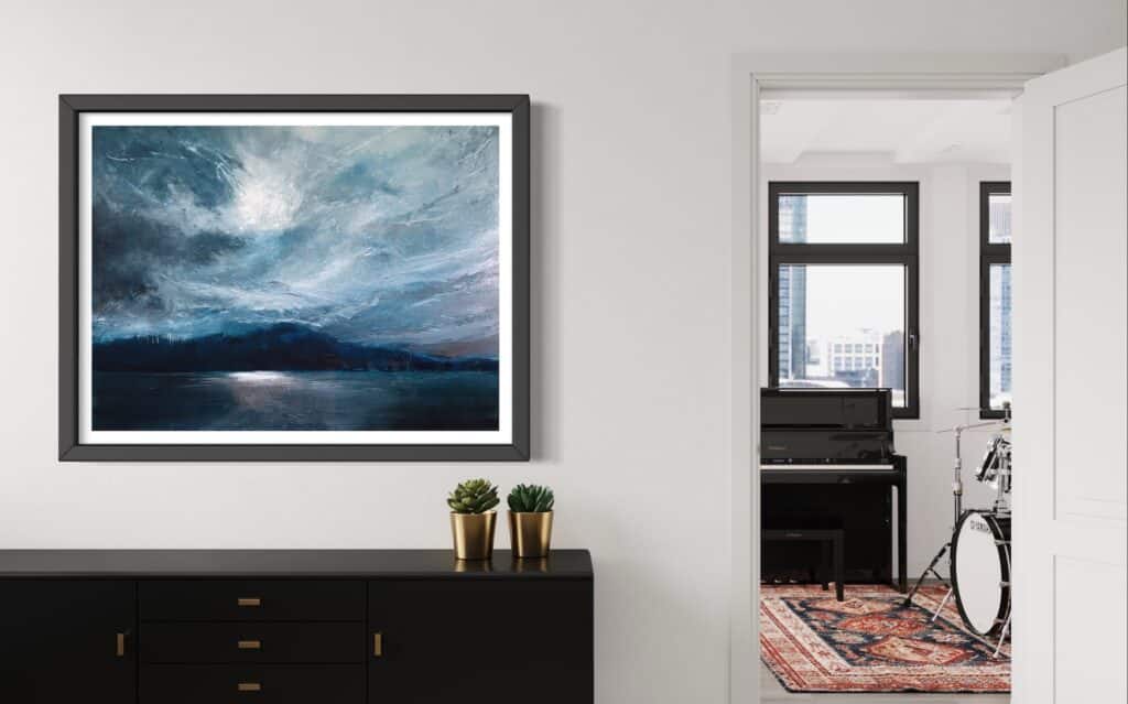 An original oil painting on metal panel by artist Cynthia McLoughlin of a Storm reflected on a mountain lake.