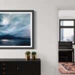 An original oil painting on metal panel by artist Cynthia McLoughlin of a Storm reflected on a mountain lake.