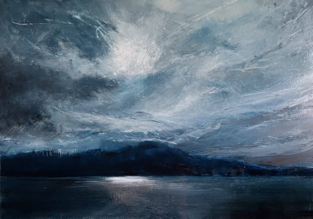 An original oil painting on metal panel by artist Cynthia McLoughlin of a Storm reflected on a mountain lake.