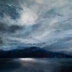 An original oil painting on metal panel by artist Cynthia McLoughlin of a Storm reflected on a mountain lake.