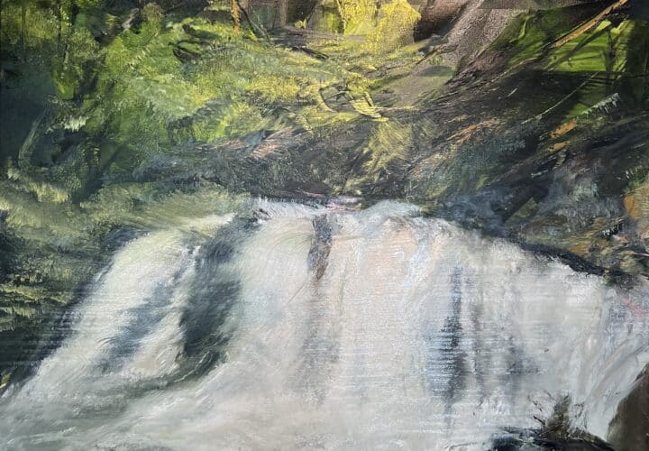 A contemporary waterfall oil painting on metal panel by artist Cynthia McLoughlin
